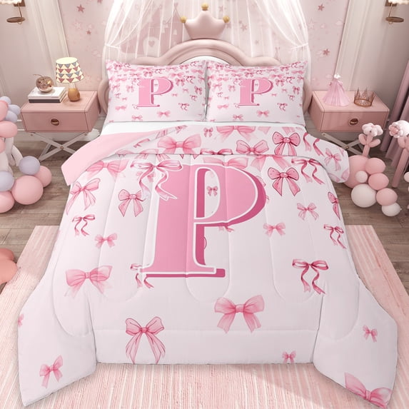 jejeloiu Personalized Letter P Bedding Comforter Set,Monogrammed Theme Twin Comforter Sets,Ribbon Bow Knot Bedding Set,Ultra Soft Bedroom Decor Reversible,2pcs