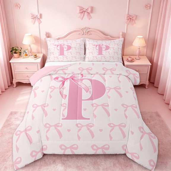jejeloiu Personalized Letter P Queen Comforter Set,Monogrammed Theme Bedding Sets,Ribbon Bow Knot Bedding Comforter Set,Bedroom Decor Ultra Soft Reversible,3-Piece