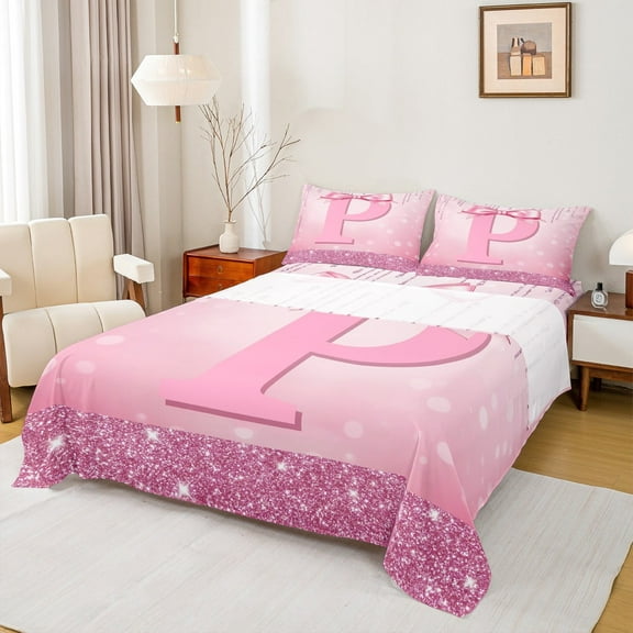 jejeloiu Personalized Letter P Twin Sheet Sets,Monogrammed Theme Twin Fitted Sheet,Ribbon Bow Knot Flat Sheet,Ultra Soft Bedroom Decor,3pcs