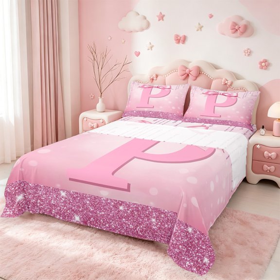 jejeloiu Personalized Letter P Twin Sheet Sets,Monogrammed Theme Twin Fitted Sheet,Ribbon Bow Knot Flat Sheet,Ultra Soft Bedroom Decor,3pcs