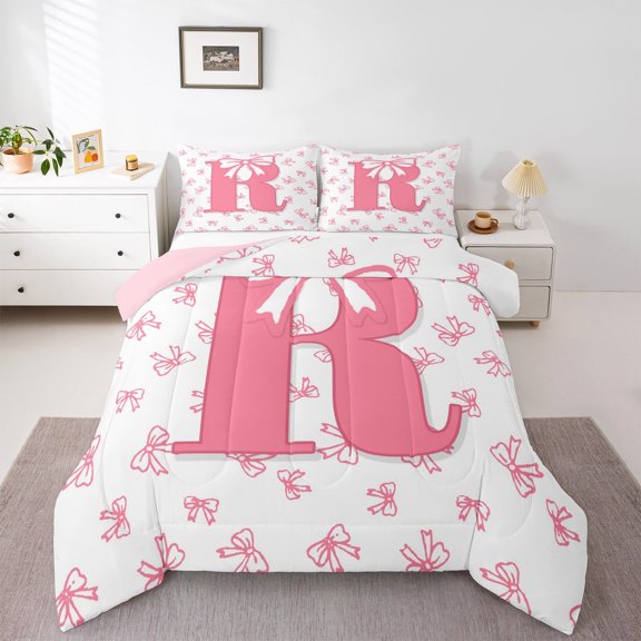 jejeloiu Personalized Letter R Full Size Comforter Sets,Monogrammed Theme Bedding Comforter Set,Ribbon Bow Knot Bedding Sets,Ultra Soft Bedroom Decor Reversible,3-Piece