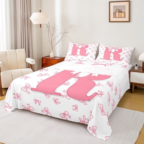 jejeloiu Personalized Letter R Twin Sheet Sets,Monogrammed Theme Twin Fitted Sheet,Ribbon Bow Knot Flat Sheet,Ultra Soft Bedroom Decor,3pcs