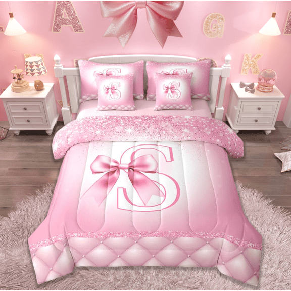 jejeloiu Personalized Letter S Bedding Comforter Set 7-Piece,Monogrammed Theme King Bedding Sets,Cartoon Bowtie Bowknot Bed Sheets For Girl Teens,Ultra Soft Bedroom Decor Reversible