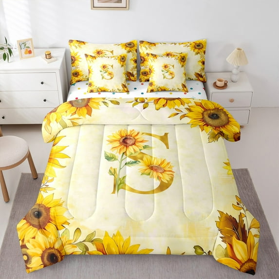 jejeloiu Personalized Letter S Bedding Comforter Set 7pcs,Gold Monogrammed Theme Queen Bedding Sets,Sunflower Floral Flower Queen Sheet Sets For Girl Teens,Ultra Soft Bedroom Decor Reversible