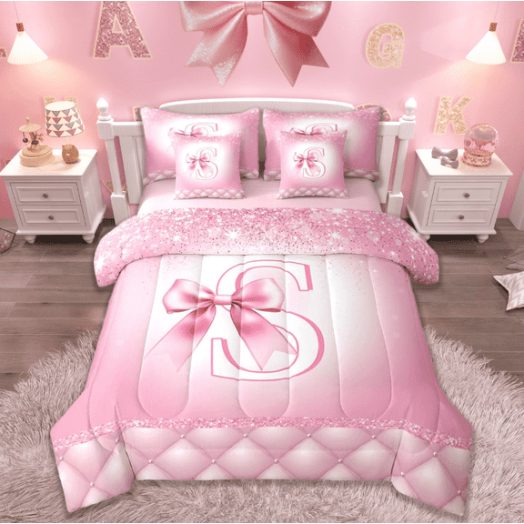 jejeloiu Personalized Letter S Twin Bedding Sets 7-Piece,Monogrammed Theme Bedding Comforter Set,Cartoon Bowtie Bowknot Sheet Sets For Girl Teens,Ultra Soft Bedroom Decor Reversible