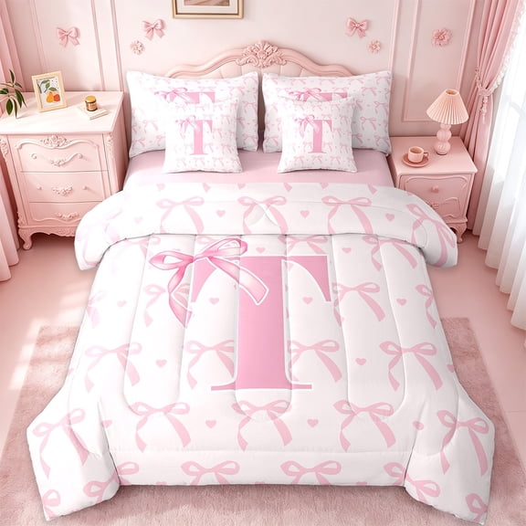 jejeloiu Personalized Letter T Bedding Comforter Set,7-Piece,Monogrammed Theme King Bedding Sets,Ribbon Bow Knot Bed Sheets,Ultra Soft Bedroom Decor Reversible