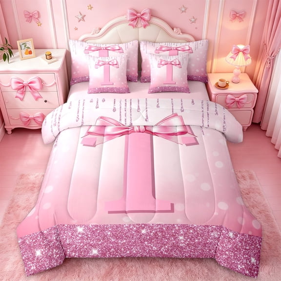 jejeloiu Personalized Letter T Bedding Comforter Set 7-Piece,Monogrammed Theme King Bedding Sets,Ribbon Bow Knot Bed Sheets,Ultra Soft Bedroom Decor Reversible