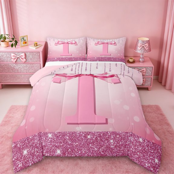 jejeloiu Personalized Letter T Bedding Comforter Set,Monogrammed Theme Twin Comforter Sets,Ribbon Bow Knot Bedding Set,Ultra Soft Bedroom Decor Reversible,2-Piece