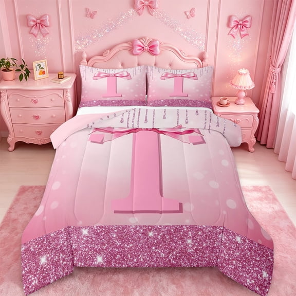jejeloiu Personalized Letter T Bedding Comforter Set,Monogrammed Theme Twin Comforter Sets,Ribbon Bow Knot Bedding Set,Ultra Soft Bedroom Decor Reversible,2-Piece