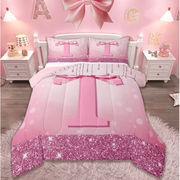 jejeloiu Personalized Letter T Bedding Comforter Set,Monogrammed Theme Twin Comforter Sets,Ribbon Bow Knot Bedding Set,Ultra Soft Bedroom Decor Reversible,2-Piece