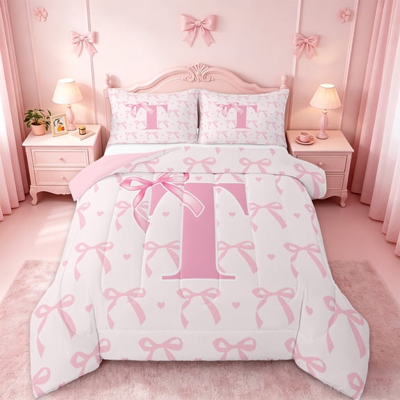 jejeloiu Personalized Letter T Bedding Comforter Set,Monogrammed Theme Twin Comforter Sets,Ribbon Bow Knot Bedding Set,Bedroom Decor Ultra Soft Reversible,3pcs