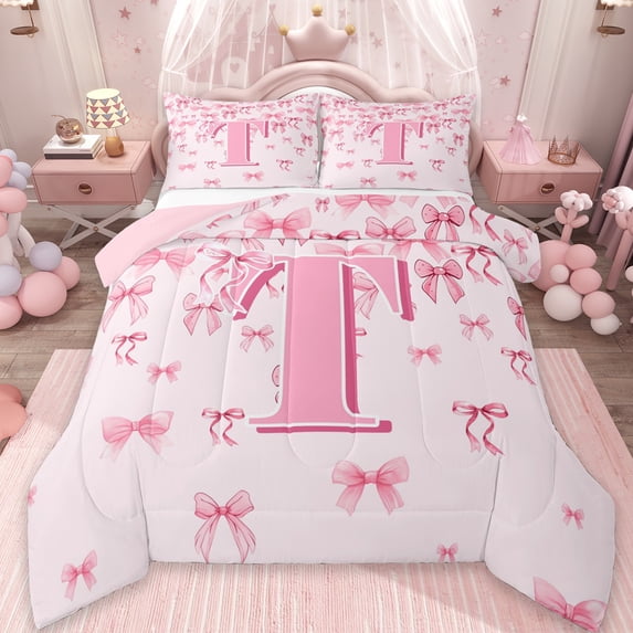 jejeloiu Personalized Letter T Bedding Comforter Set,Monogrammed Theme Twin Comforter Sets,Ribbon Bow Knot Bedding Set,Ultra Soft Bedroom Decor Reversible,2-Piece