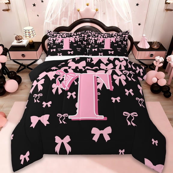 jejeloiu Personalized Letter T Queen Comforter Set,Monogrammed Theme Bedding Sets,Ribbon Bow Knot Bedding Comforter Set,Ultra Soft Bedroom Decor Reversible,3 Pieces