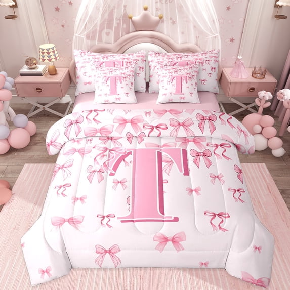 jejeloiu Personalized Letter T Twin Bedding Sets 7-Piece,Monogrammed Theme Bedding Comforter Set,Ribbon Bow Knot Sheet Sets,Ultra Soft Bedroom Decor Reversible