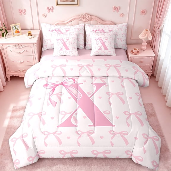 jejeloiu Personalized Letter X Bedding Comforter Set,7-Piece,Monogrammed Theme King Bedding Sets,Ribbon Bow Knot Bed Sheets,Ultra Soft Bedroom Decor Reversible