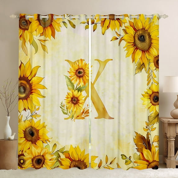 jejeloiu Personalized Letter X Black Out Curtains,Gold Monogrammed Theme Curtains Pack of 2 (42x63 Each),Sunflower Floral Flower Bedroom Curtains For Girl Teens,Ultra Soft Bedroom Decor