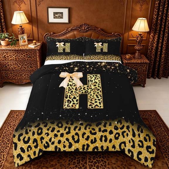 jejeloiu Personalized Monogram H Print Full Size Comforter Sets For Girls,Leopard Bowknot Bling Initial Art Bedding Sets,Black Reversible,3-Piece