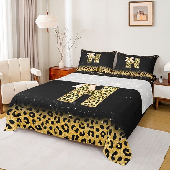 jejeloiu Personalized Monogram H Print Full Size Sheets For Girls,Leopard Bowknot Bling Initial Art Bed Sheets,4-Piece