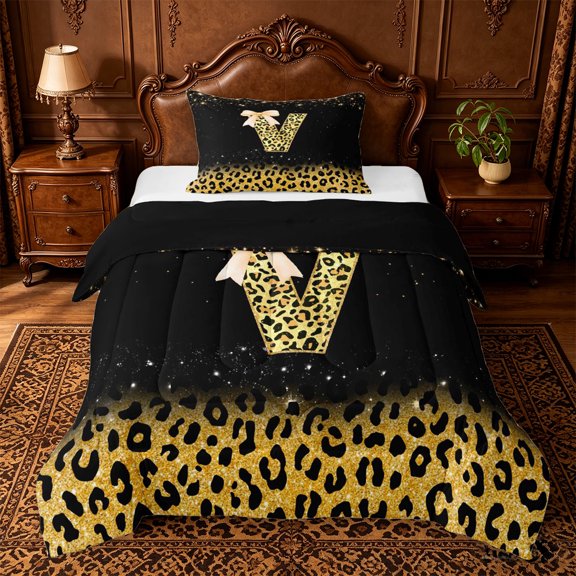 jejeloiu Personalized Monogram V Print Twin Comforter Sets For Girls,Leopard Bowknot Bling Initial Art Bedding Set,Black Reversible,2 Pieces