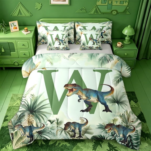jejeloiu Personalized Monogram W 7pcs Bedding Comforter Set For Boys,Green Plant Monstera Leaf Queen Bedding Sets For Kids,Light Gray Reversible