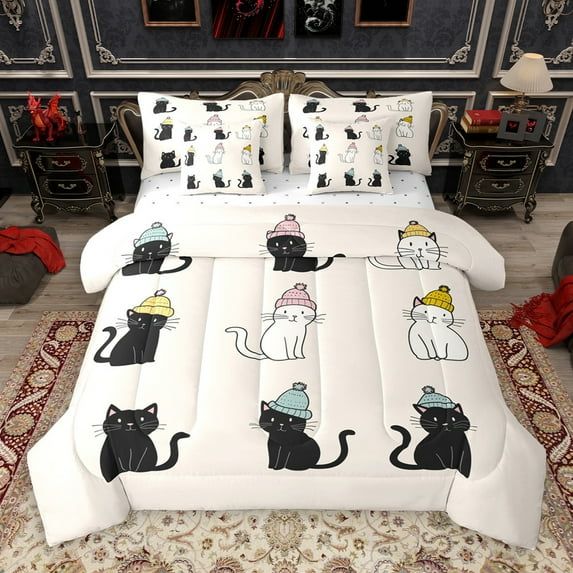 jejeloiu Pet Animal Cat 7 Pieces Bedding Comforter Set,Kawaii Kitten Full Bedding Set,Black Beige Fitted Sheet Flat Sheet For Boys Girls,Lightweight Room Decor Reversible