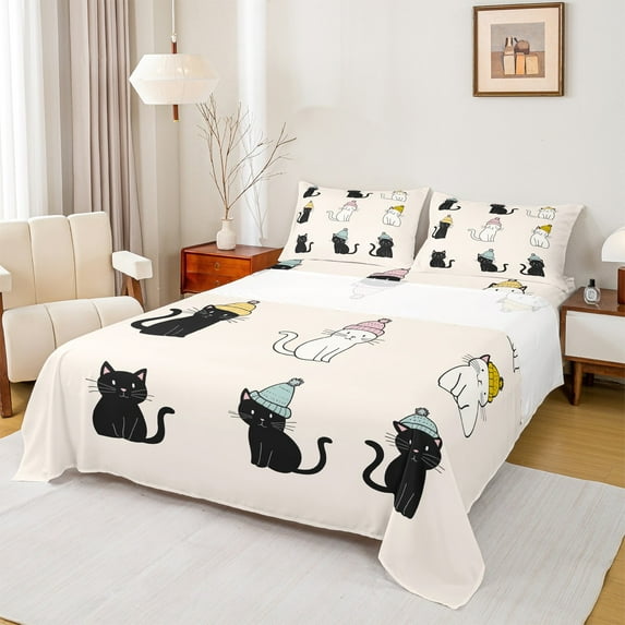 jejeloiu Pet Animal Cat Full Size Sheets,Kawaii Kitten Bed Sheets,Black Beige Sheet Sets For Boys Girls,Lightweight Room Decor,4-Piece