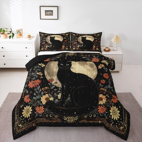 jejeloiu Pet Animal Cat Queen Comforter Set,Rustic Farmhouse Cabin Bedding Sets,Multicolor Floral Flower Bedding Comforter Set For Child,Breathable Home Decor Reversible,3 Pieces