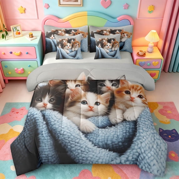 jejeloiu Pet Animal Kittens 7-Piece Twin Bedding Sets Kids,Cute Cat Print Bedding Comforter Set,Reversible