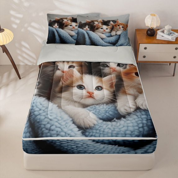 jejeloiu Pet Animal Kittens Zipper Full Size Comforter Sets with Fitted Sheet and 2 Pillowcases Kids,Cute Cat Print Zipper Bedding Set,Reversible,4-Piece