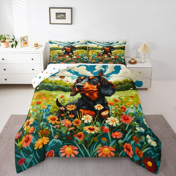jejeloiu Pet Dogs Lover Full Size Comforter Sets,Cute Dachshund Bedding Comforter Set,Colorful Daisy Flower Bedding Sets For Girls Boys,Breathable Bedroom Decor Reversible,3pcs