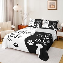 jejeloiu Pet Dogs Lovers Twin Sheet Sets,Kawaii Paws Twin Fitted Sheet,White Black Flat Sheet For Girl Boy,Breathable Home Decor,3pcs