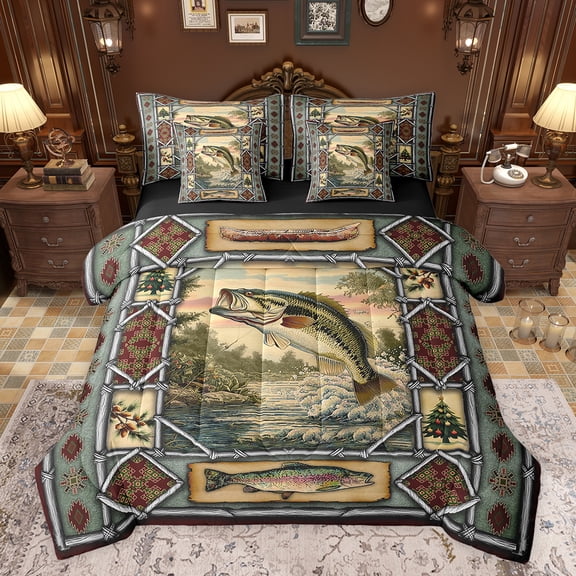 jejeloiu Pike Fish 7pcs Bedding Comforter Set,Fishing And Hunting Queen Bedding Sets,Vintage Aztec Geometric Queen Sheet Sets For Girls Boys,Ultra Soft Home Decor Reversible
