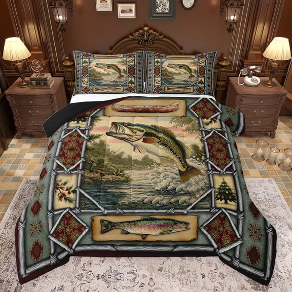 jejeloiu Pike Fish Bedding Comforter Set,Fishing And Hunting Twin Comforter Sets,Vintage Aztec Geometric Bedding Set For Girls Boys,Ultra Soft Home Decor Reversible,2-Piece