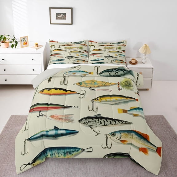 jejeloiu Pike Fish Full Size Comforter Sets,Fishing Hook Bedding Comforter Set,Animals Marine Life Bedding Sets For Teens,Microfiber Bedroom Decor Reversible,3-Piece