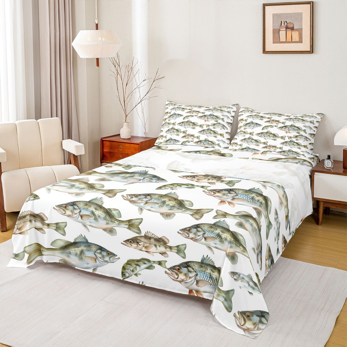 jejeloiu Pike Fish Full Size Sheets,Rustic Fishing Hunting Bed Sheets ...