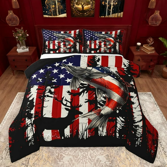 jejeloiu Pike Fish Queen Comforter Set,Jungle Animal Deer Bedding Sets,Fishing And Hunting Bedding Comforter Set For Boys Kids,Breathable Home Decor Reversible,3 Pieces