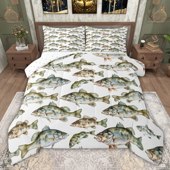 jejeloiu Pike Fish Queen Comforter Set,Rustic Fishing Hunting Bedding Comforter Set For Adults Reversible 3 Pieces
