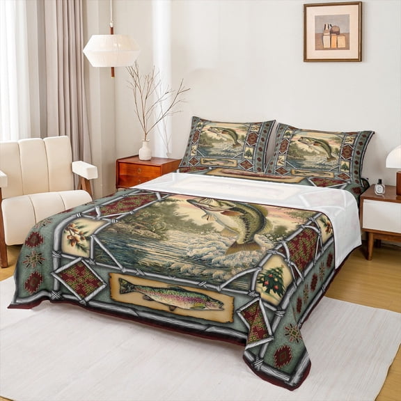 jejeloiu Pike Fish Queen Sheet Sets,Fishing And Hunting Flat Sheet,Vintage Aztec Geometric Queen Fitted Sheet For Girls Boys,Ultra Soft Home Decor,4pcs