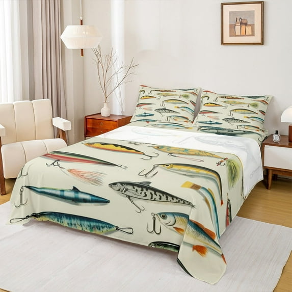 jejeloiu Pike Fish Twin Sheet Sets,Fishing Hook Twin Fitted Sheet,Animals Marine Life Flat Sheet For Teens,Microfiber Bedroom Decor,3pcs