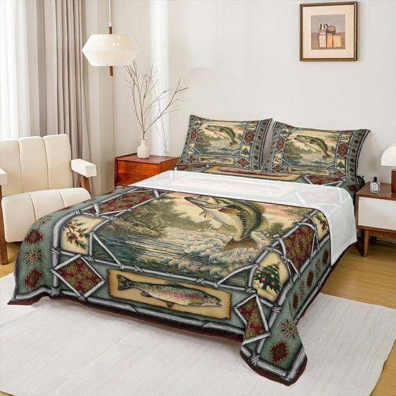 jejeloiu Pike Fish Twin Sheet Sets,Fishing And Hunting Twin Fitted Sheet,Vintage Aztec Geometric Flat Sheet For Girls Boys,Ultra Soft Home Decor,3-Piece