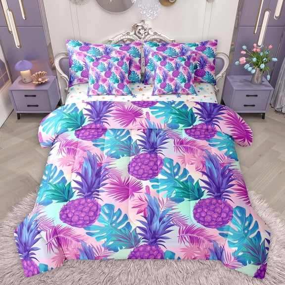 jejeloiu Pineapple 7-Piece Bedding Comforter Set,Tropical Monstera Leaf King Bedding Sets,Watercolor Ombre Bed Sheets For Teens,Breathable Home Decor Reversible