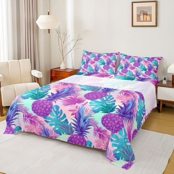 jejeloiu Pineapple Queen Sheet Sets,Tropical Monstera Leaf Flat Sheet,Watercolor Ombre Queen Fitted Sheet For Teens,Breathable Home Decor,4pcs