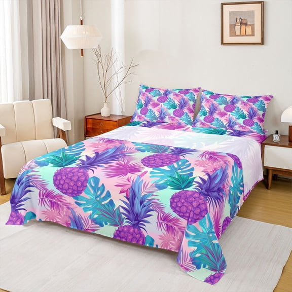 jejeloiu Pineapple Queen Sheet Sets,Tropical Monstera Leaf Flat Sheet,Watercolor Ombre Queen Fitted Sheet For Teens,Breathable Home Decor,4pcs