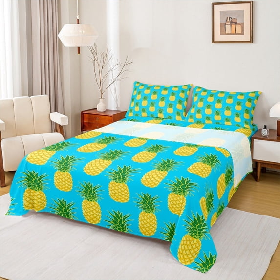 jejeloiu Pineapple Twin Sheet Sets,Tropical Fruit Twin Fitted Sheet,Yellow Green Cyan Flat Sheet For Girls Boys,Super Cozy Room Decor,3 Pieces