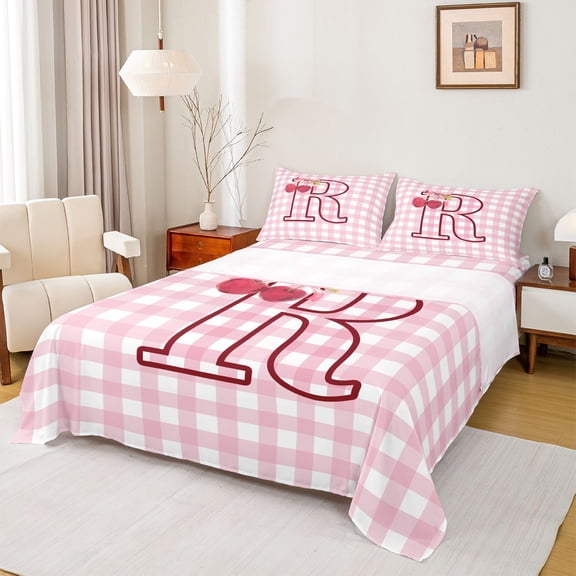 jejeloiu Pink 3D Cartoon Initial R Full Size Sheets For Girls,Lovely Bowknot Cherry Bed Sheets For Kids,4 Pieces