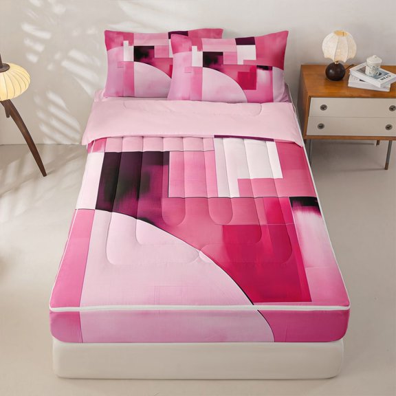 jejeloiu Pink Abstract Art Zipper Twin Comforter Sets with Fitted Sheet and 2 Pillowcases Kids,Modern Geometric Print Zipper Bedding Set,Reversible,4-Piece
