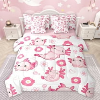 jejeloiu Pink Axolotl Salamander 7-Piece Twin Bedding Sets,Kawaii Flowers Blossom Bedding Comforter Set,Cartoon Cute Animal Sheet Sets For Girls,Breathable Home Decor Reversible