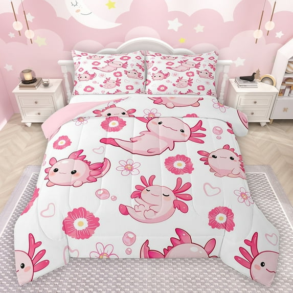 jejeloiu Pink Axolotl Salamander Bedding Comforter Set,Kawaii Flowers Blossom Twin Comforter Sets,Cartoon Cute Animal Bedding Set For Girls,Breathable Home Decor Reversible,2 Pieces