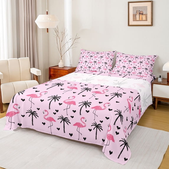 jejeloiu Pink Birds Flamingo Queen Sheet Sets Kids,Hawaii Summer Holiday Bed Set,4pcs