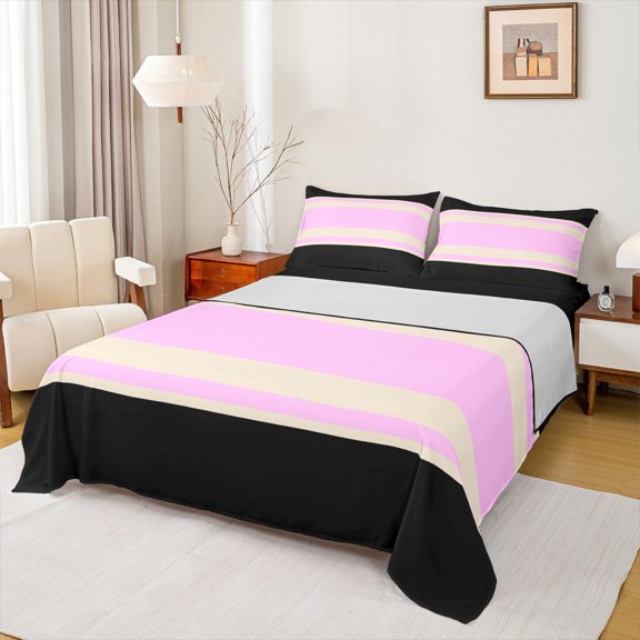 jejeloiu Pink Black Bed Sheets,Striped Line Pattern King Sheets,Minimalist Art Abstract Sheet Set For Teens,Microfiber Bedroom Decor,4 Pieces